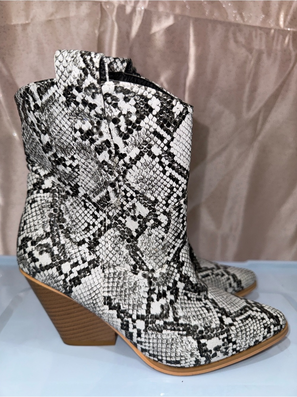 Dolls Kill White & Black Snake-Print Western Ankle Boots